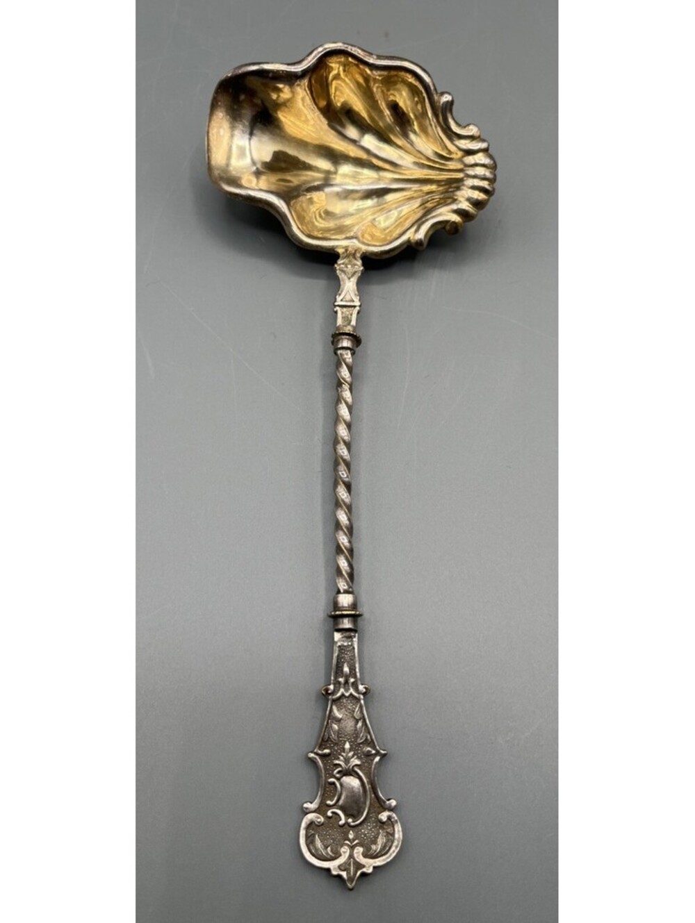 Antique Victorian Silverplate Shell Sauce Ladle Gold Wash Twist Handle  8”